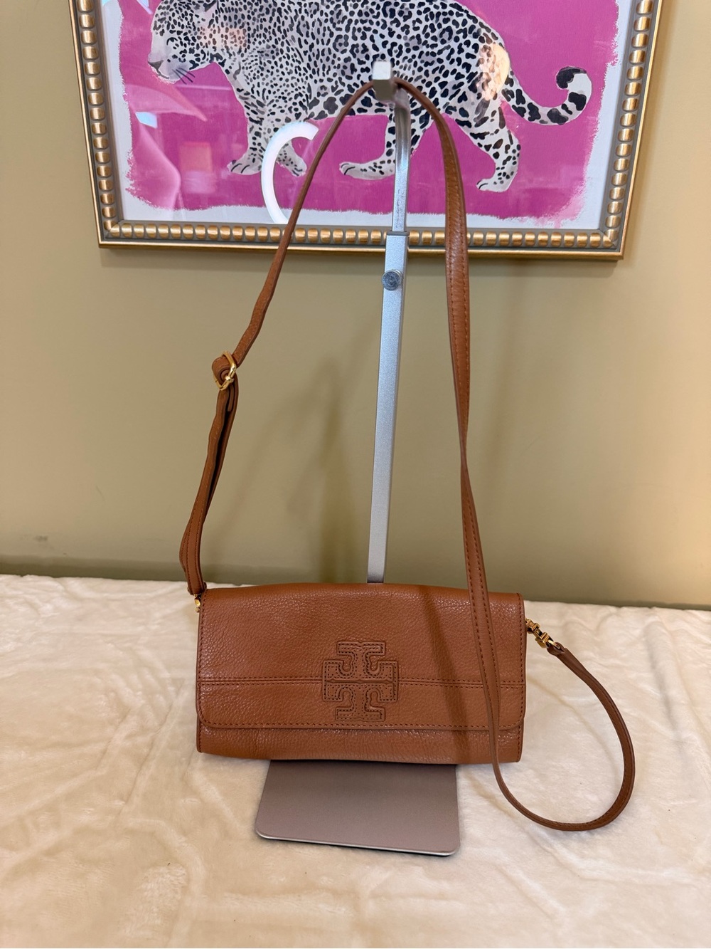 Tory Burch Tan Pebbled Leather Crossbody Shoulder Bag